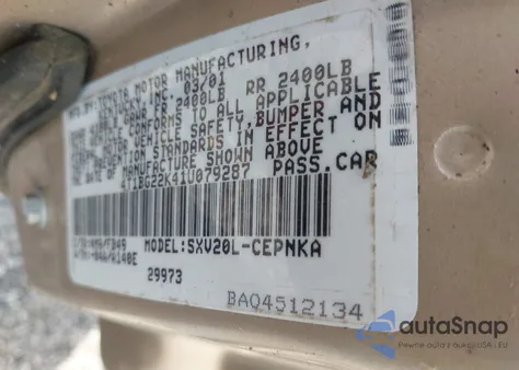 2001 Toyota Camry Le z USA, uszkodzony, nr VIN 4T1BG22K41U079287